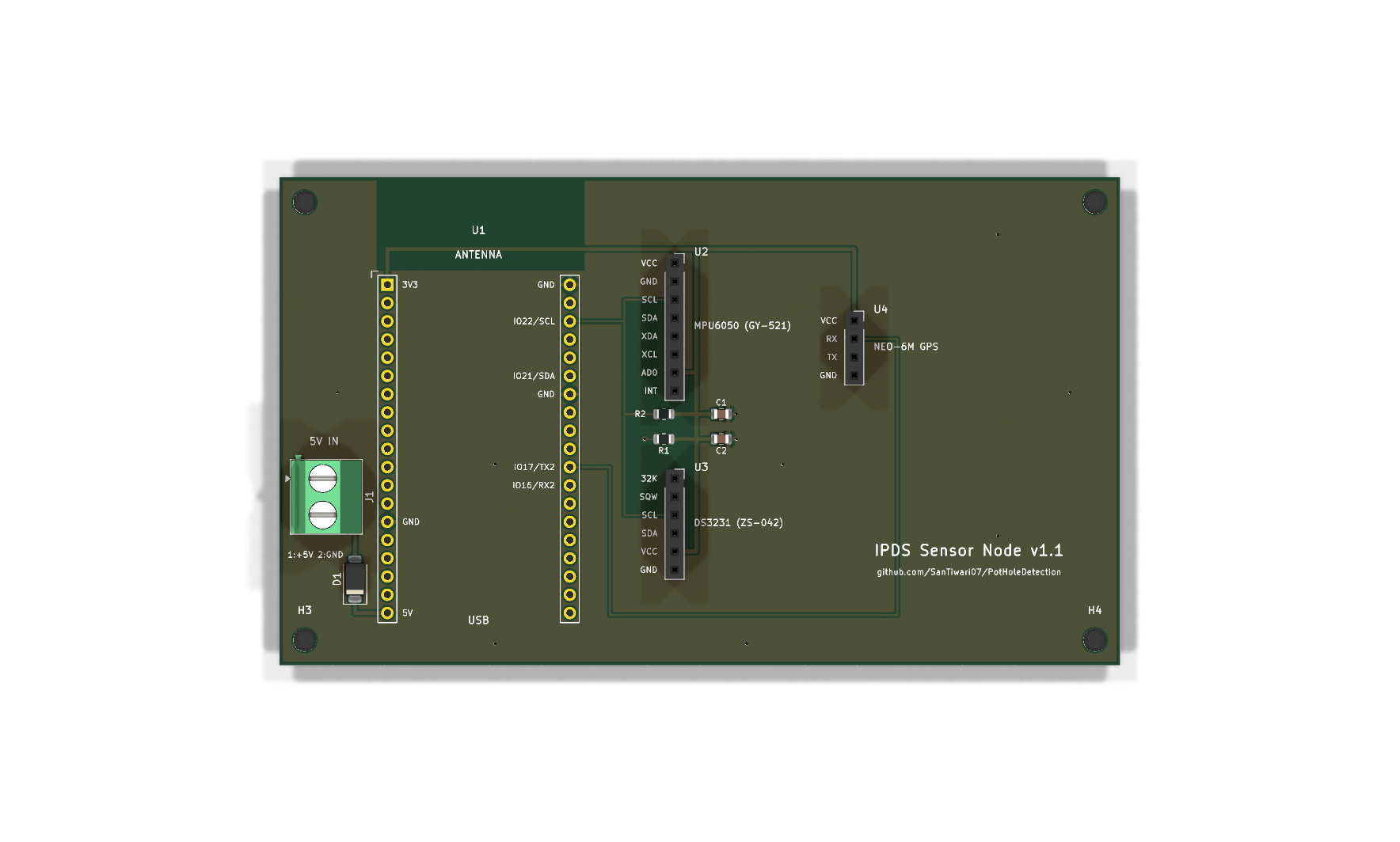 Top render of the IPDS sensor node PCB