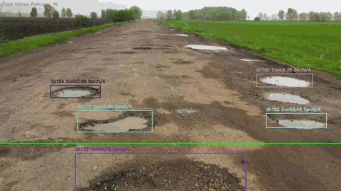 IPDS detecting and tracking potholes, each with a persistent ID, confidence and severity score