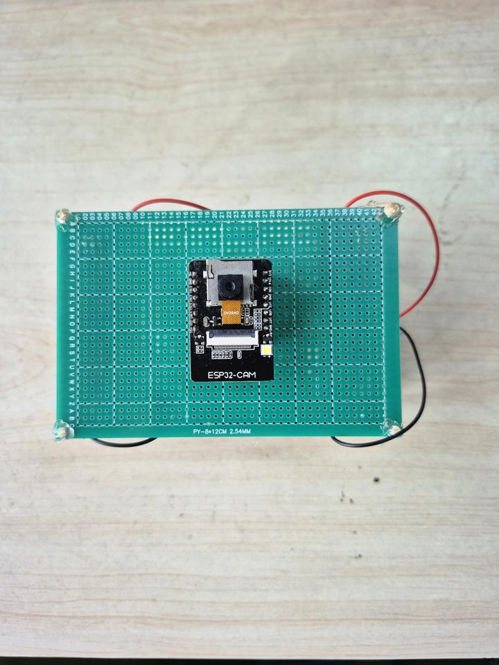 Top view of the ESP32-CAM vision node mounted on perfboard